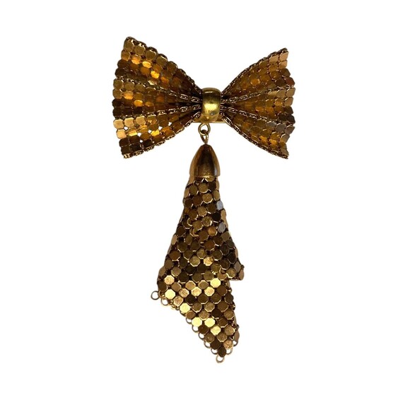 Vintage Gold Tone Metal Chain Mail Sequin Bow Brooch Pin 1950’s‎ Brooch - Picture 4 of 6